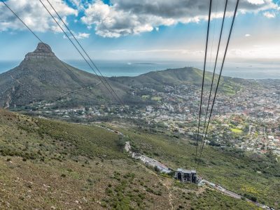 CAPE TOWN, SOUTH AFRICA, AUGUST 17, 2018: View of the lower cable station on Table Mountain in Cape Town as seen from a cable car. Lions Head, Signal Hill and Robben Island are visible